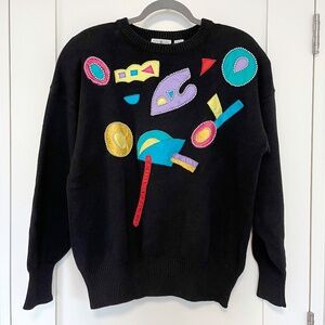 Vintage 80s Bold Graphic Beaded Sweater by Andre Christian in Black